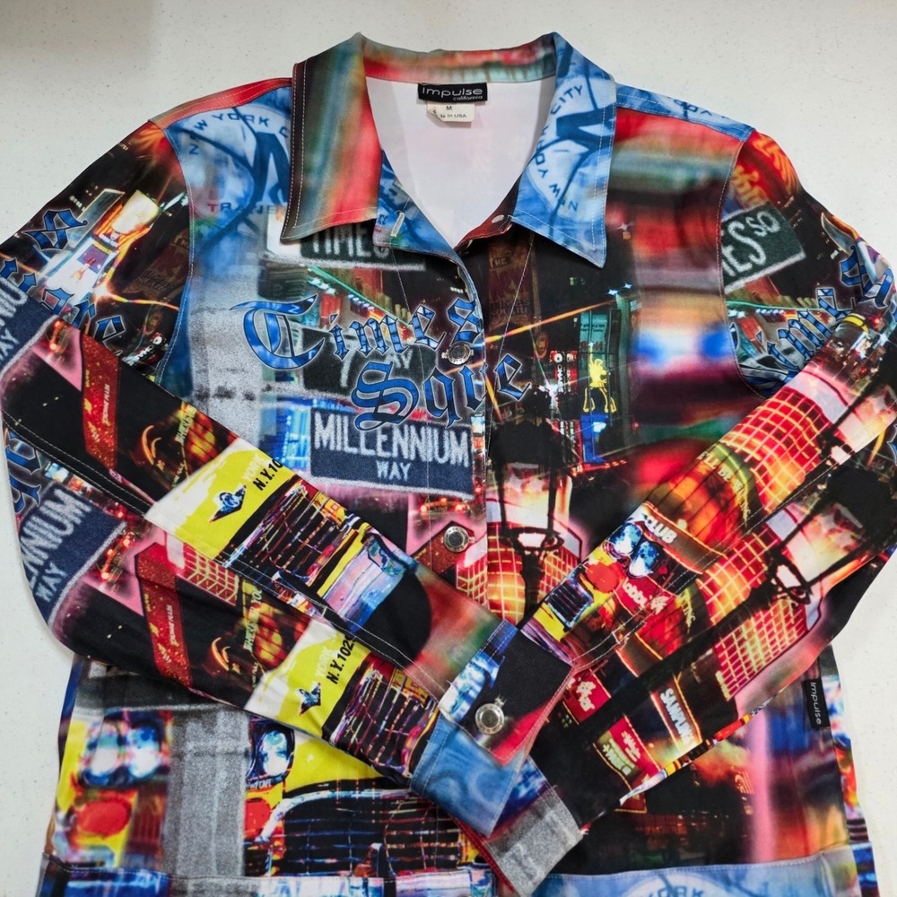 Impulse California Womens Medium NYC Times Square Photo Print Jacket Made in USA - Picture 2 of 11
